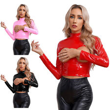 UK Womens Long Sleeve T-Shirt PVC Leather Open Front Bra Tank Crop Top Costume