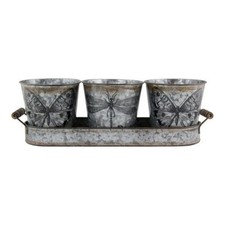 3Pc Tin Plant Pots in Tray Butterfly Design Vintage Indoor Outdoor Metal Planter