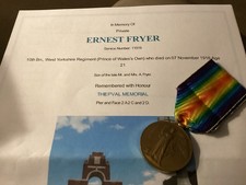 WW1 Victory Medal KIA Fryer 10th West Yorkshire Regiment Bradford Somme