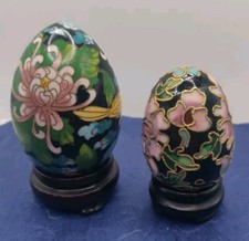 2 Oriental Cloisonne Enamel Eggs With Stands Bird Flower