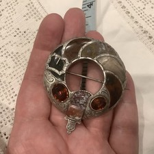 Large antique Victorian c 1890 sterling silver Scottish agate citrine brooch pin