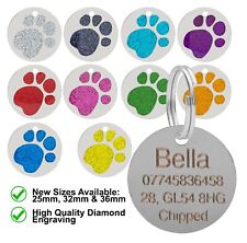 Dog Cat Pet ID Tag Glitter Collar ID Tags Personalised Engraved Round Paw Print