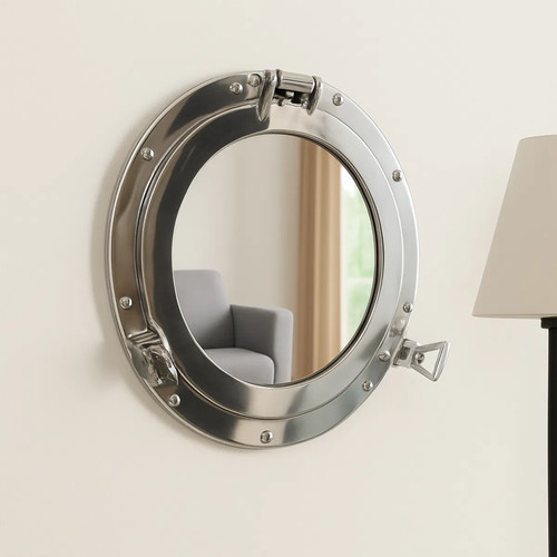 Silver metal porthole mirror - metal,
