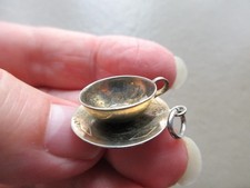 VINTAGE RETRO OLD SILVER TONE TEACUP CUP & SAUCER FOB CHARM PENDANT BRACELET OLD