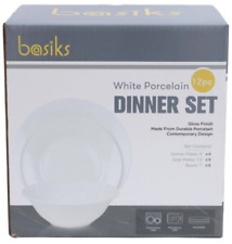basiks 12 Piece Dinner Set Plates Bowl Porcelain Microwave Dishwasher Safe White