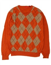 IZOD Mens V-Neck Jumper Sweater Large Orange Argyle/Diamond Cotton DJ38