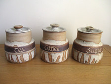 Studio Pottery Storage JARS Set Tea Coffee Sugar with Lids  Retro 1970s Brown