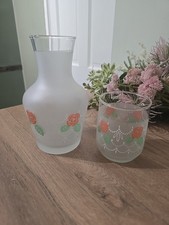 Vintage Frosted Glass Stacking Bedside Carafe & Tumbler Rose Design Warm Weather