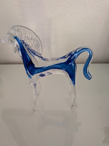 Blue clear art glass horse - &,