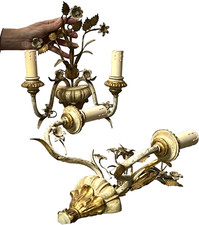 VINTAGE ITALIAN TOLEWARE PAIR CANDLE SCONCES FLORAL BOUQUET VENETIAN 1950/60s