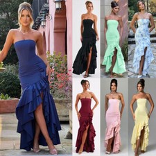 Womens Boob Tube Prom Dress Ruffles Party Evening Sexy Long Bodycon Dresses Size