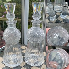 ANTIQUE RICHARDSON ? PAIR 16 PANEL DIAMOND STAR CUT GLASS THISTLE DECANTERS 12”