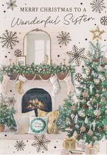 WONDERFUL SISTER CHRISTMAS GREETING CARD 7"X5" FIREPLACE TREE