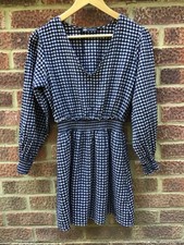 Zara Navy Check Plaid Mini Dress, Size XS, Short, Long Sleeve, Elasticated Waist