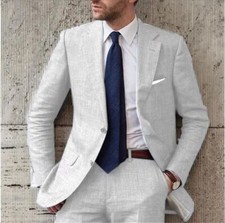 Men 2Pcs Linen Suit Summer Beach Groom Bestmen Wedding Suit Blazer+Pant 42 44 46