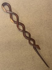 Antique Two Tone Treen Walking Stick Cane - Hand-Carved Snake With Glass Eyes