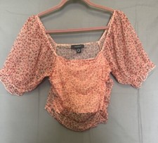 Pretty Primark Peach Mesh Floral  Ruffle Crop Top, Bardot On/off Shoulder 12/14