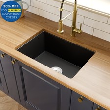 Belfast Kitchen Sink Undermount Black Ceramic Single Bowl Basket Strainer Waste