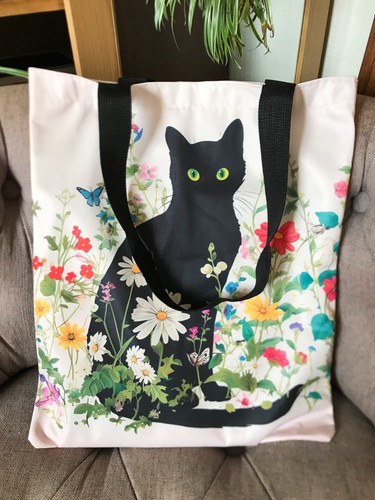 Black cat with flowers tote - black,