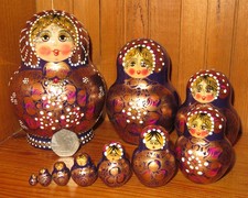 Matryoshka Russian Nesting Dolls Babushka Genuine 10 PURPLE GOLD Signed Aymasova