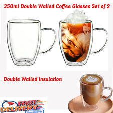 2x Double Wall Insulated Glass Coffee Glass Thermal Mug Tea Cup Handle 350ml