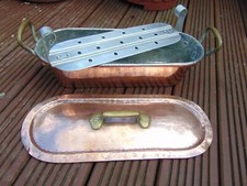 Vintage Stamped Martinets French  Copper Trout Fish Kettle Pan with Lid & Lifter