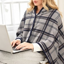 Plaid Poncho Shawl Wearable Wrap Fleece Women Blanket Soft Sherpa Cape Winter UK