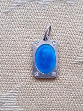 Our Lady French Blue Guilloche Silver Plate Pendant Apparition St Bernadette