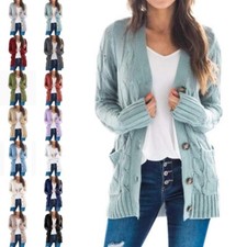 Women Long Sleeve Cardigan Sweater Ladies Work Warm Chunky Knitted Cozy Outwear 