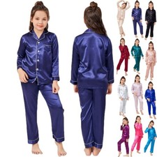 UK Boys Girls Silk Pyjamas Nightwear Top Pants Pjs Satin Sleepwear Outfits Kids