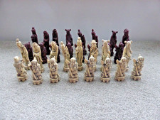 Chinese Resin Chess  Pieces -  Complete Set Vintage Mid 20th Century Red & Cream