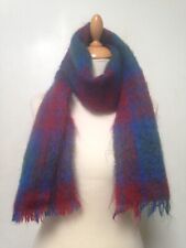 Vintage fringed scarf, red blue green check, probably mohair or blend