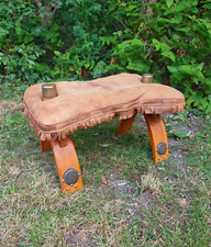 Vintage Egyptian Design Camel Saddle Foot Stool Leather Cushion Brass Plates