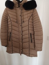 Lovely warm Winter coat Klass Ladies faux fur trim padded Size M 12-14 Beige 