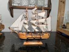 Vintage Wooden Model Sailing Ship 32cm Long Handmade with Canvas Sails
