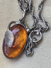 Baltic Cognac Amber Foliate Design Pendant & 24" Silver Chain Vintage
