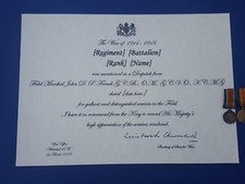 MENTION IN DESPATCHES CERTIFICATE - WW1 CUSTOMISED REPLICA WITH INSCRIPTION