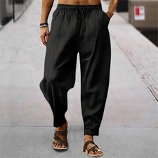 Men's Linen Pants Drawstring Trousers Mens Jogger Solid Elastic Waist Bottoms UK