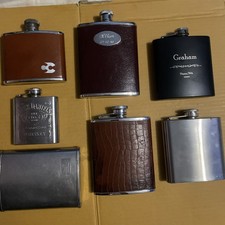 Vintage Mixed Lot Of 7 Hip Flask Some Leather Bound - Some Engraved Various Size