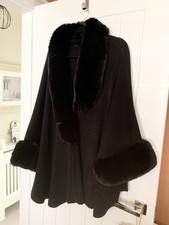 Stunning Black Swing Jacket Coat with Fur Collar & Cuffs One Size