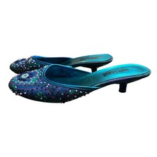 Y2K Unlisted Kenneth Cole Women Teal Blue Beaded Floral Kitten Heel Shoes Size 7