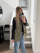 Zara Woman Khaki Military Jacket Black Sheepskin Leather Sleeve Size Small