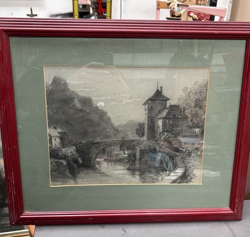 Antique 1896 pencil drawing - antique,