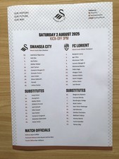 Swansea City v FC Lorient Colour Team Sheet.