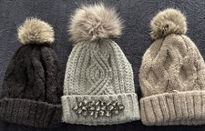 Three Ladies Woollen Bobble Hats -Black - Grey - Taupe One Size