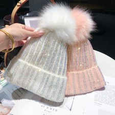 Women Knitted Beanie Hat Diamond Faux Fur Pom Pom Bobble Hat Winter Warm