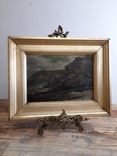 Victorian Cast Brass Easel Display Stand with Antique Oil Painting in Frame
