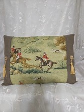 Tally Ho Equestrian Tapestry Pillow 12x16 Fox Hunting Scene Ultra Suede Sides