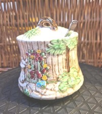 Whimsical Falconware Garden Dovecote jam or sugar Pot With Lid And Spoon, signed