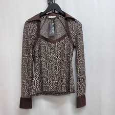 Anne Fontaine Brown Lace Long Sleeve Blouse Sweetheart Neck Collared Top Size 44